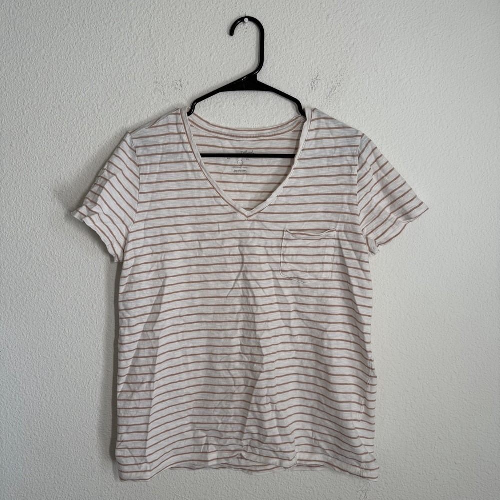 Universal‎ Thread Good Co. T Shirt Womens Large White Brown Striped V Neck Top